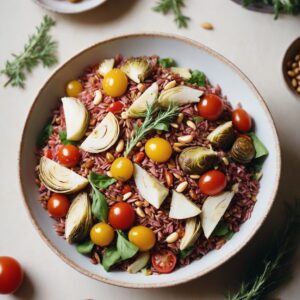 Harvest Red Rice and Artichoke Salad with Crisp Pine Nuts - Vegan - Easy Daily Kitchen