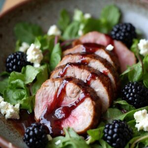 Decadent Blackberry Balsamic Glazed Pork and Greens - Low Calorie - Easy Daily Kitchen