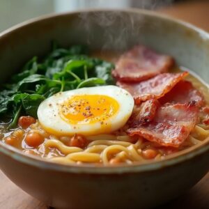Morning Ramen Delight with Crispy Bacon and Soft-Boiled Egg - High Protein - Easy Daily Kitchen