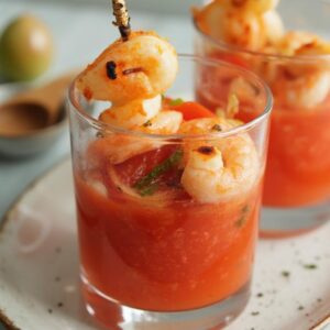 Gazpacho Shots with Grilled Shrimp Skewers - Low Calorie - Easy Daily Kitchen